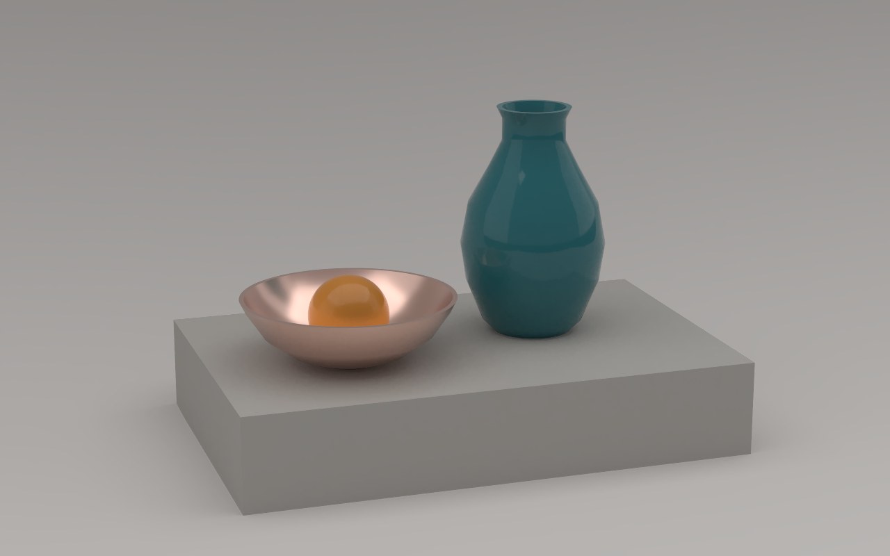 A telephoto view of the still life, from further away, with flattened perspective