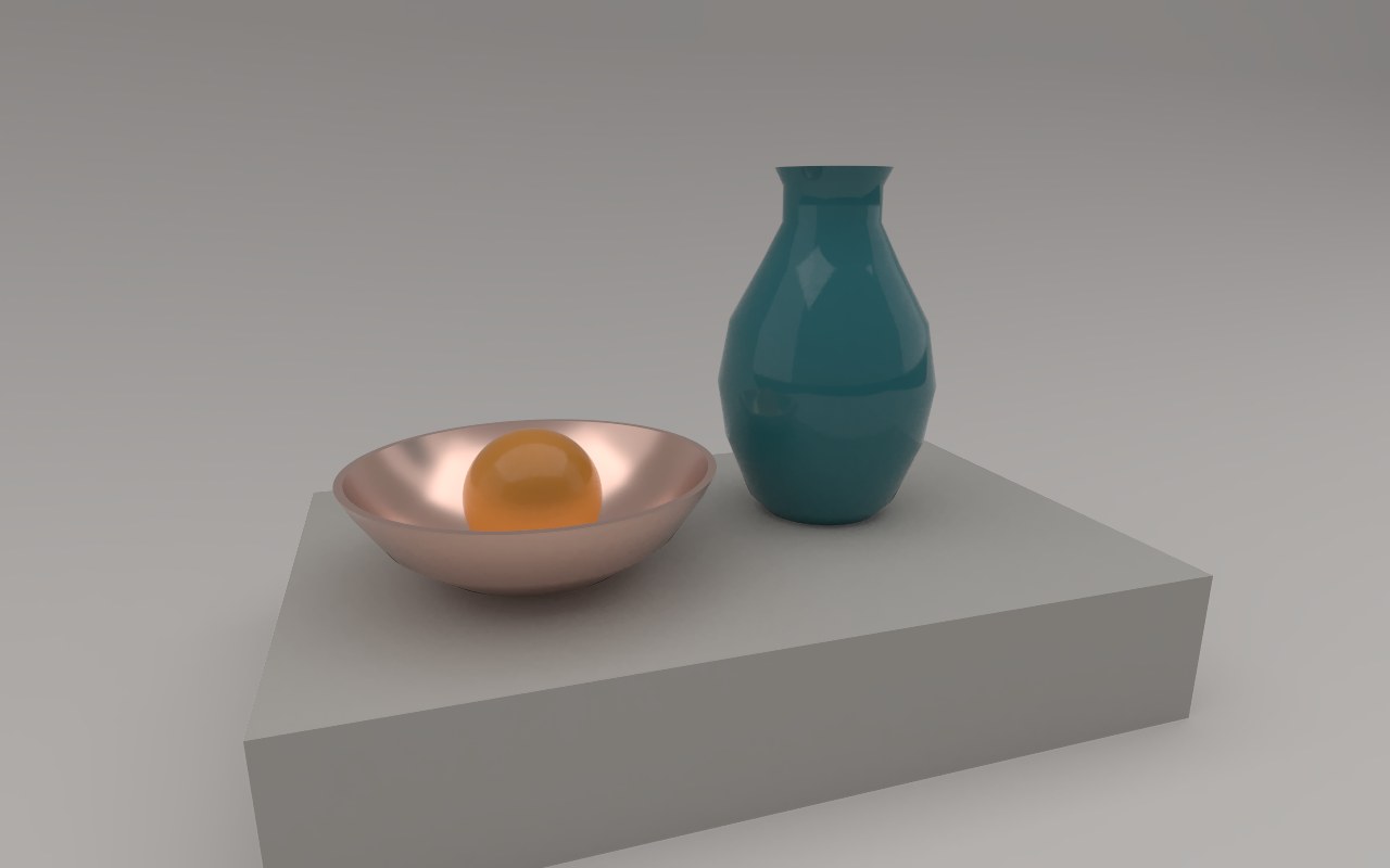 A wide-angle view of the still life, close up, with strong perspective