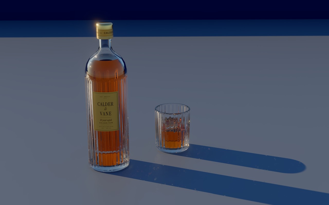 The Rum bottle scene with caustics switched off, its shadows plain and dark