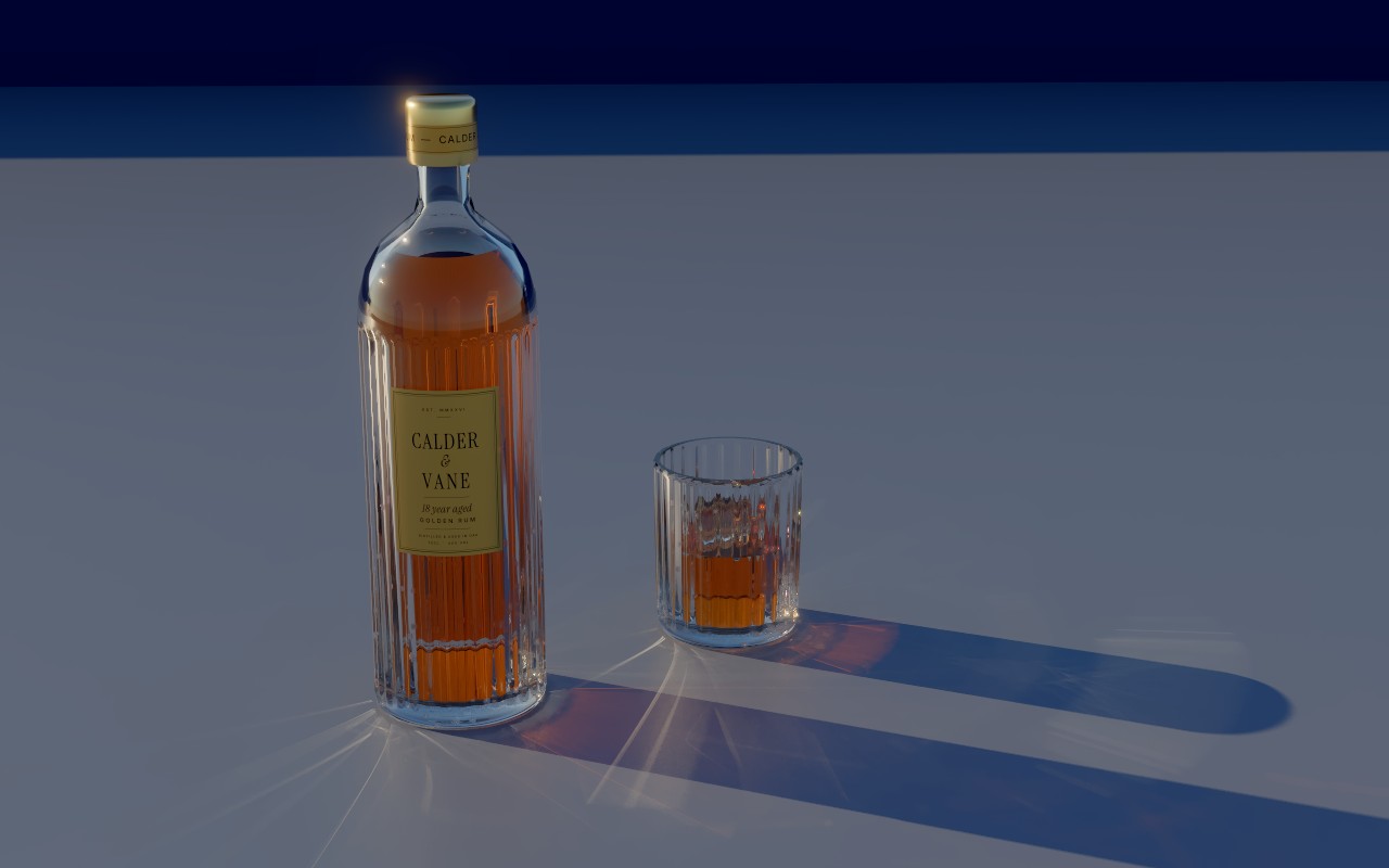 A fluted bottle of rum and a ribbed tumbler in low evening sun, throwing amber light into their shadows