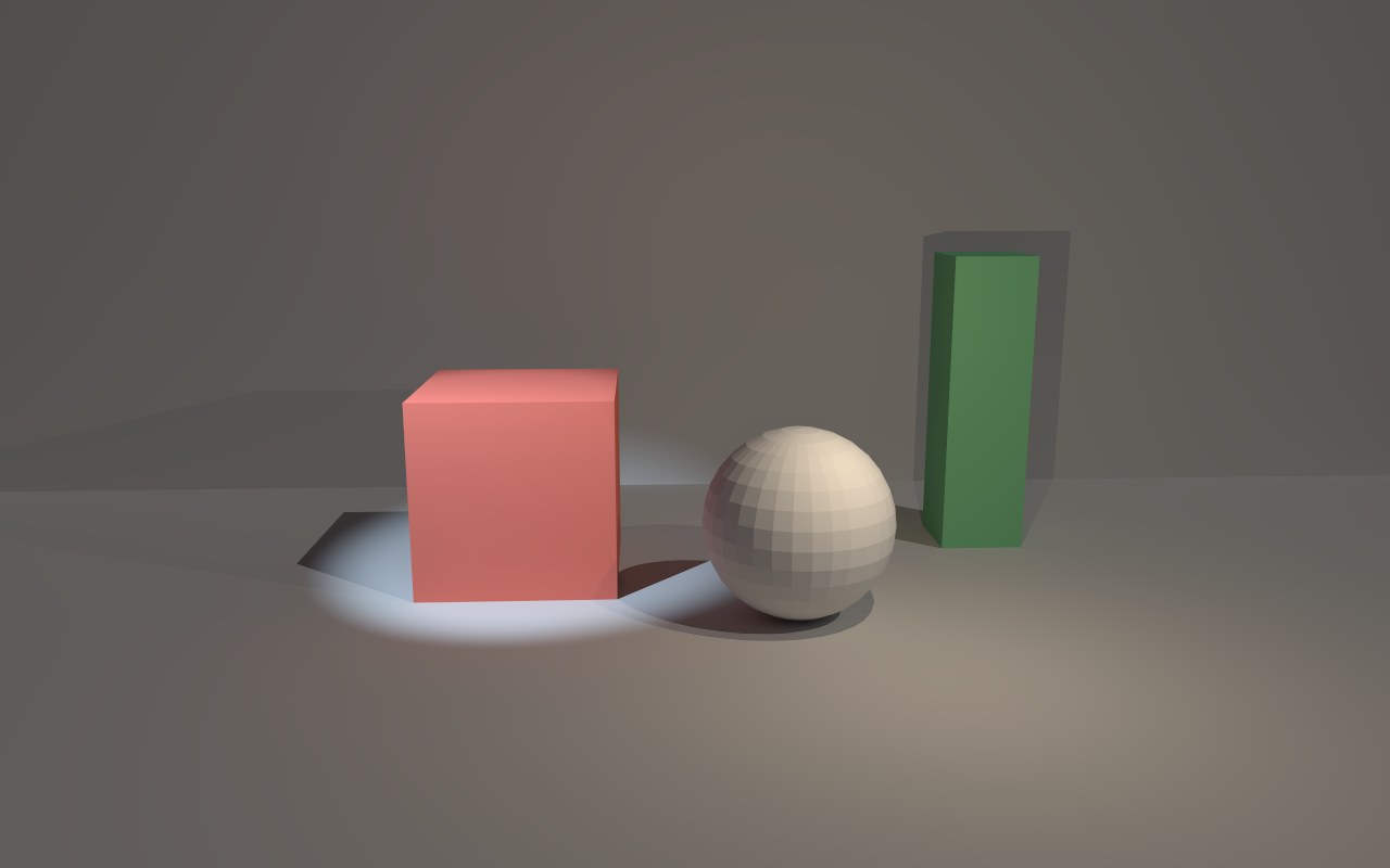 A red block, a white ball and a green pillar lit by a warm bulb, a cool spotlight and a low sun