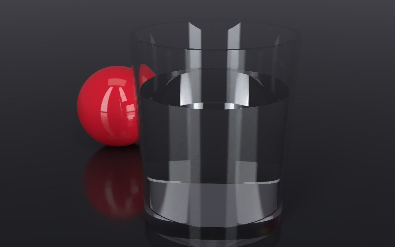 A crown-glass tumbler of water on a dark glossy floor, lit from behind