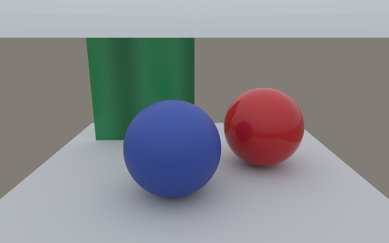 Glossy red and satin blue plastic spheres beside a green panel whose gloss varies across its surface