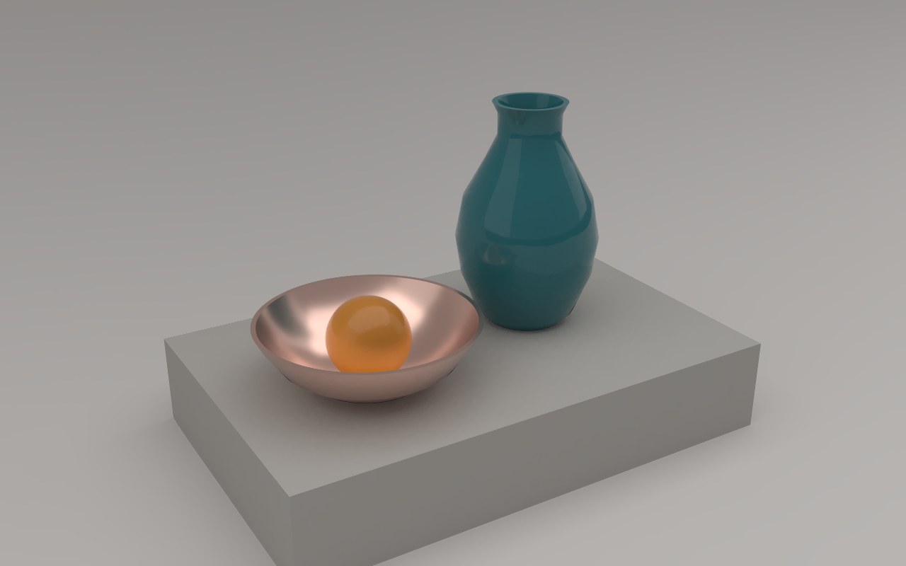 A glazed vase, copper bowl and orange on a stone plinth, seen from a three-quarter angle