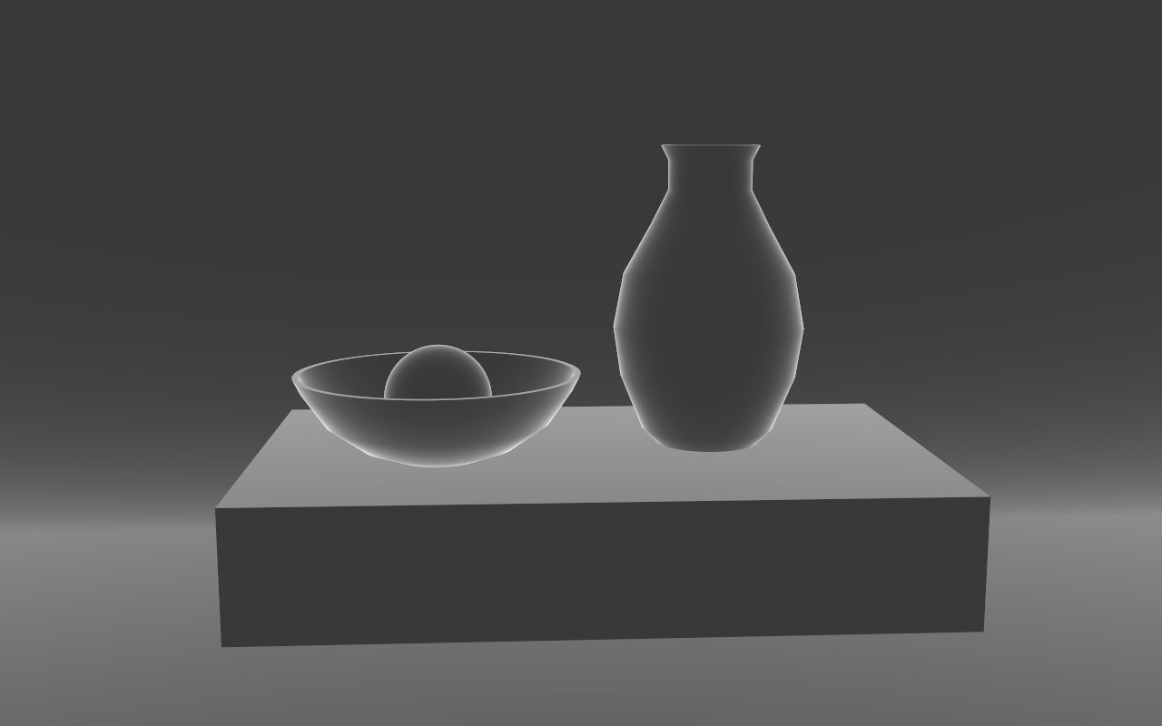 The still life as a Fresnel pass, dark in the middle of each object and bright at the edges