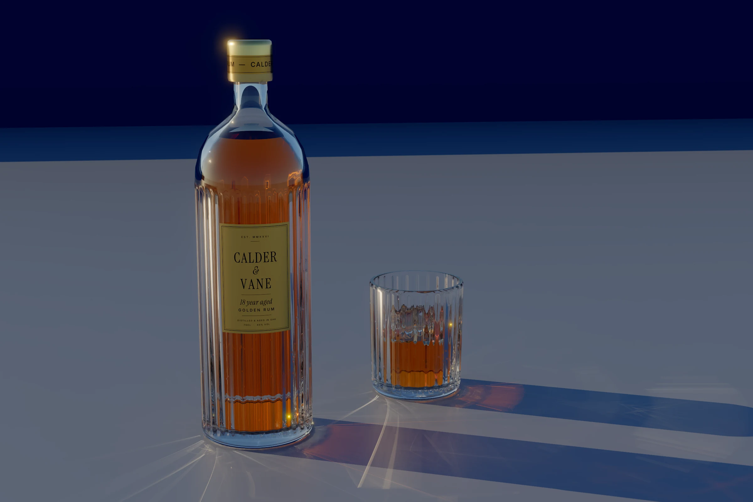 A fluted bottle of aged rum and a ribbed tumbler with ice on a table in low evening sun, with amber light streaming through them across the table.